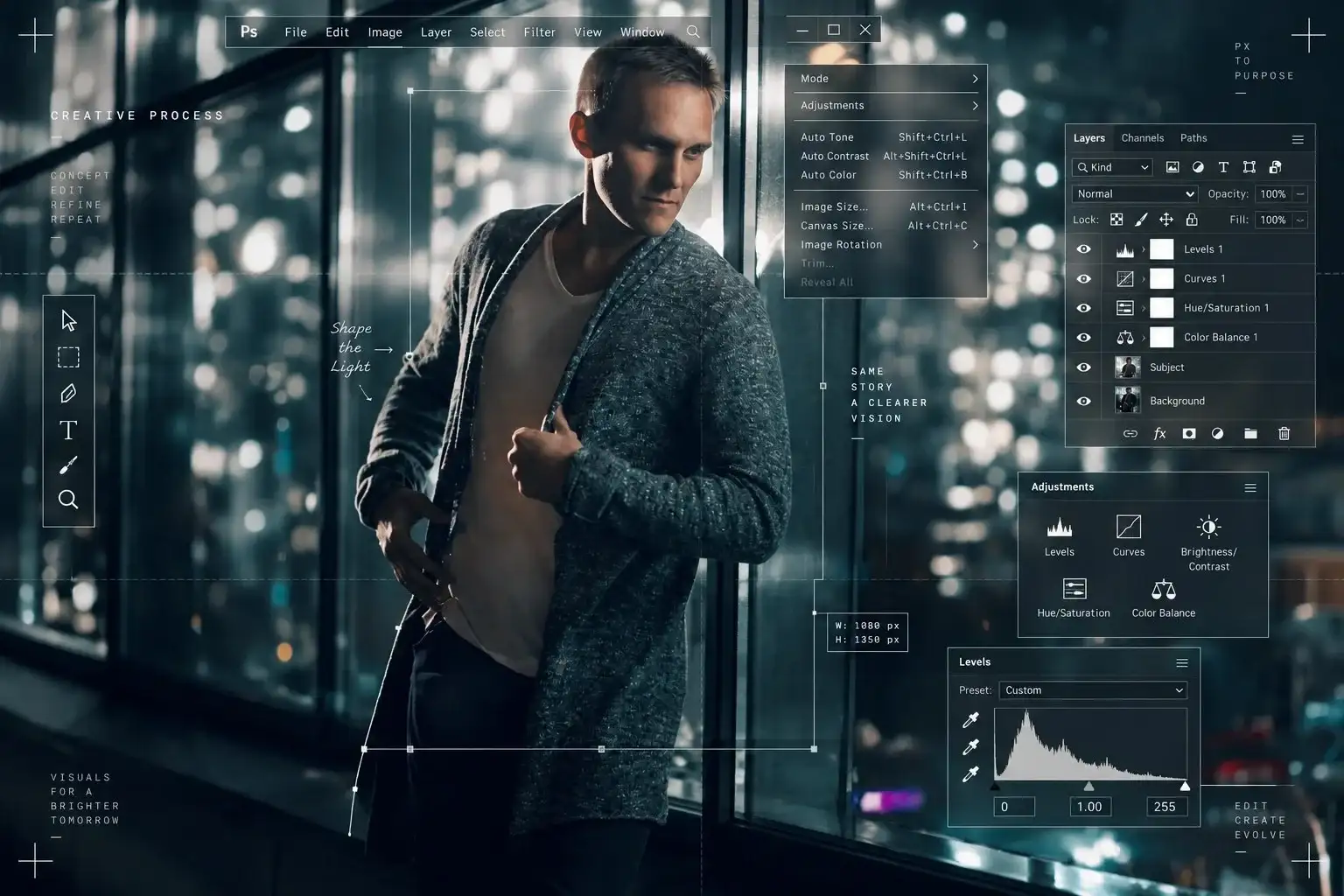 Мужской портрет у ночного окна в интерфейсе Photoshop